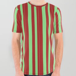 [ Thumbnail: Light Green and Red Colored Pattern of Stripes All Over Graphic Tee ]