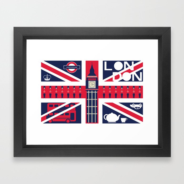 Vintage Union Jack UK Flag with London Decoration Framed Art Print