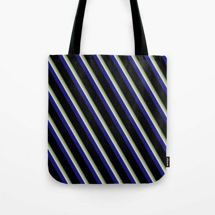 Vibrant Green, Dark Gray, Light Grey, Midnight Blue, and Black Colored Pattern of Stripes Tote Bag