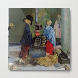 Skeletons warming themselves by old potbelly stove in abandoned factory grotesque art portrait painting by James Ensor Metal Print | Outsiders, Outcasts, Lesxx, Homelessness, Scary, Weird, Skeletons, Strange, Disturbing, Skeleton 