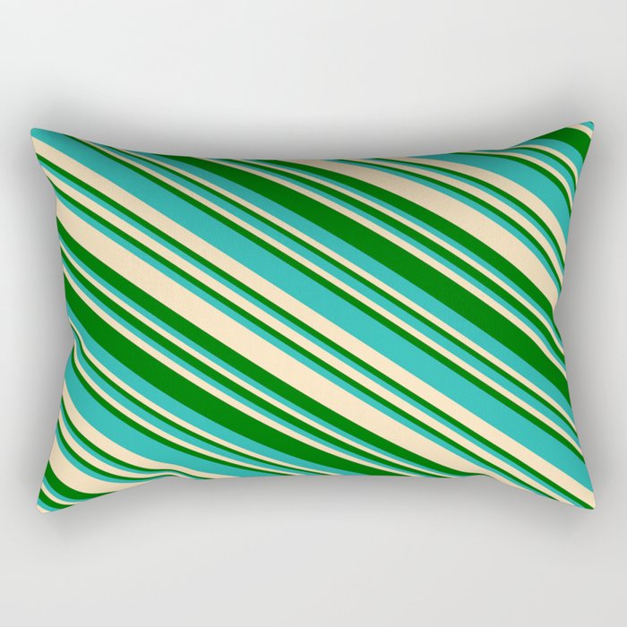 Light Sea Green, Beige, and Dark Green Colored Lined Pattern Rectangular Pillow