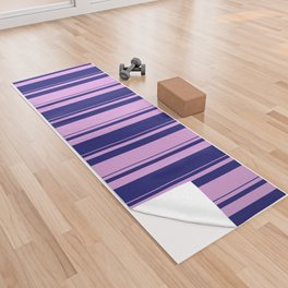 [ Thumbnail: Midnight Blue and Plum Colored Striped/Lined Pattern Yoga Towel ]