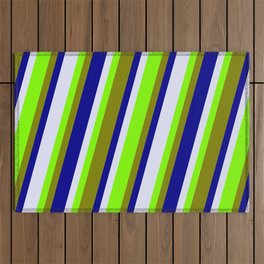 [ Thumbnail: Chartreuse, Green, Dark Blue & Lavender Colored Stripes/Lines Pattern Outdoor Rug ]