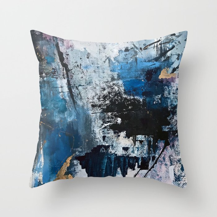 Breathe: colorful abstract in black, blue, purple, gold and white Throw Pillow
