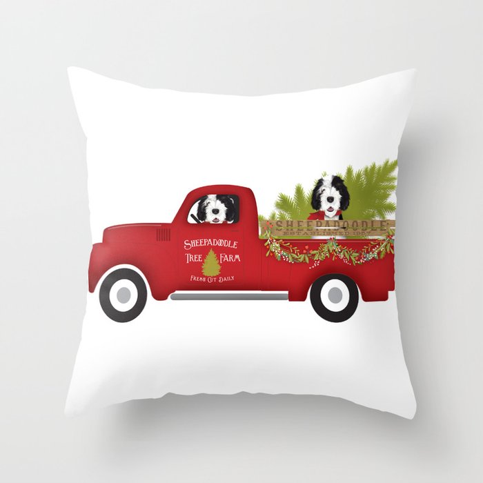 Sheepadoodle doodle dog truck christmas tree farm red vintage truck  Throw Pillow