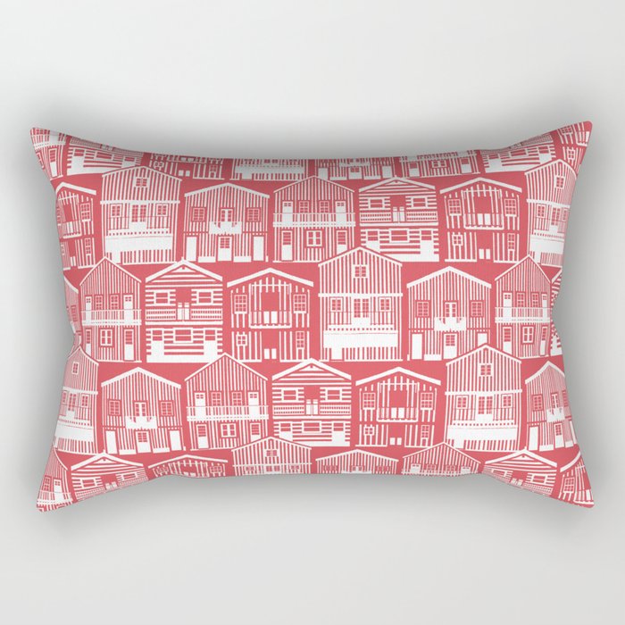 Monochromatic Portuguese houses // mandy red background white striped Costa Nova inspired houses Rectangular Pillow