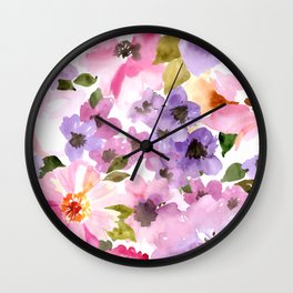 Pink Purple Watercolor Flowers Wall Clock