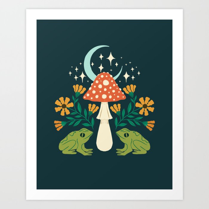 Moonlight frogs and mushrooms Art Print