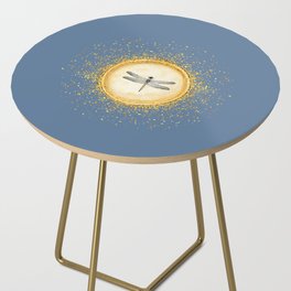 Sketched Dragonfly Gold Circle Pendant on Slate Blue Side Table