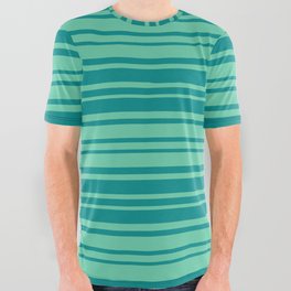 [ Thumbnail: Aquamarine and Dark Cyan Colored Stripes Pattern All Over Graphic Tee ]