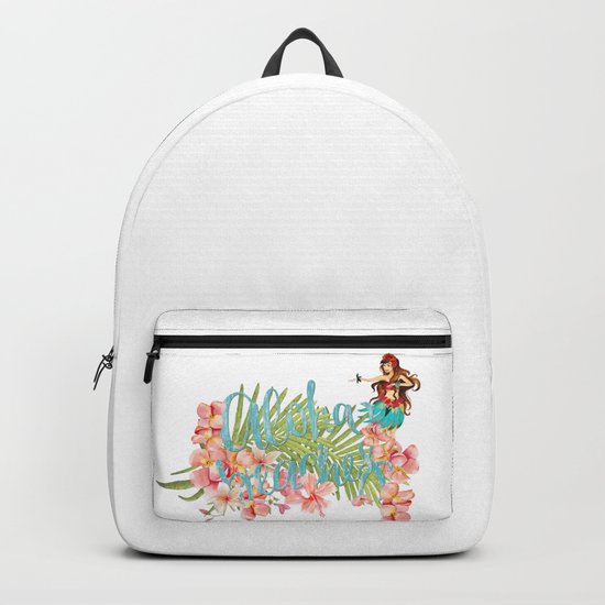 Aloha- Alohabeaches with tropical flowers Palm leaf and Hula Girl Backpack