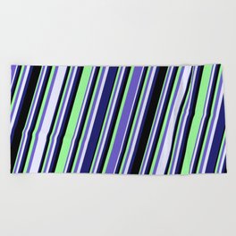 [ Thumbnail: Slate Blue, Lavender, Midnight Blue, Black & Green Colored Lines/Stripes Pattern Beach Towel ]