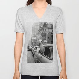 Llama Riding in Taxi, Black and White Vintage Print V Neck T Shirt
