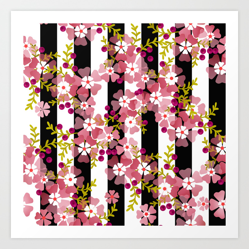 Floral Pattern Black And White Striped Background Art Print By