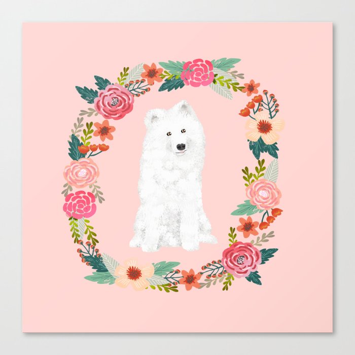 Samoyed dog breed floral wreath pet portrait dog gifts Canvas Print