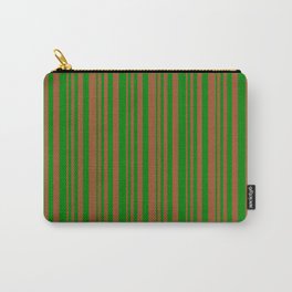 [ Thumbnail: Sienna & Green Colored Lined Pattern Carry-All Pouch ]