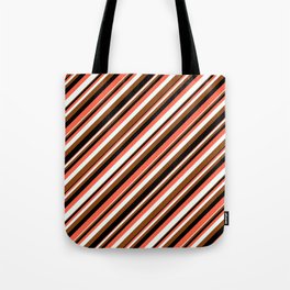 [ Thumbnail: Red, Mint Cream, Brown, and Black Colored Striped/Lined Pattern Tote Bag ]