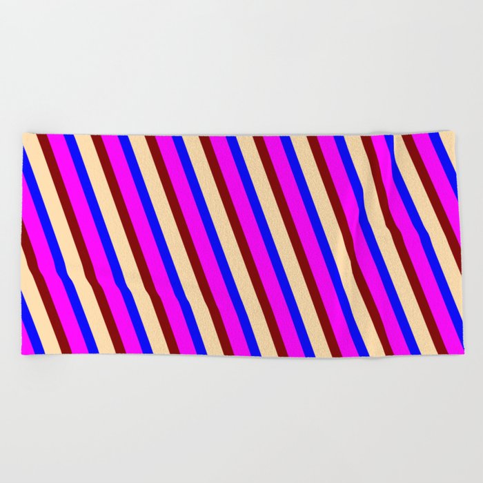 Blue, Fuchsia, Maroon, and Tan Colored Lined Pattern Beach Towel