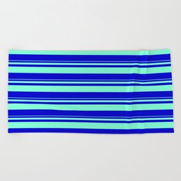 [ Thumbnail: Aquamarine and Blue Colored Striped Pattern Beach Towel ]