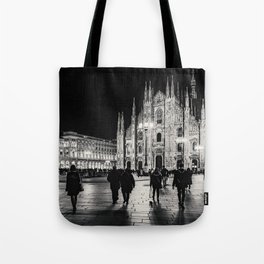 Black and White Duomo Piazza Night Scene, Milan City, Italy Tote Bag