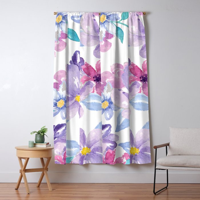 Lavender Pink Teal Watercolor Modern Floral Blackout Curtain By