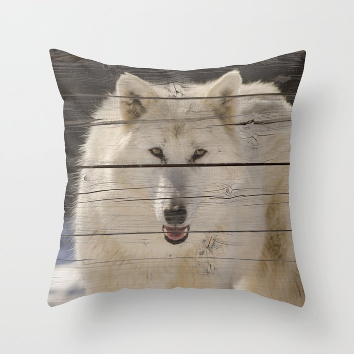 Aries the White Wolf on Faux Weathered Wood Texture Photograph Throw Pillow and home decor