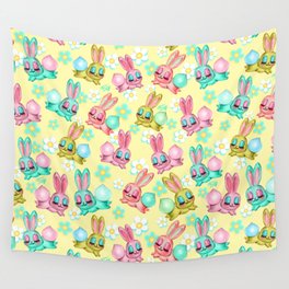 Bunnies and Daisies on Yellow Wall Tapestry