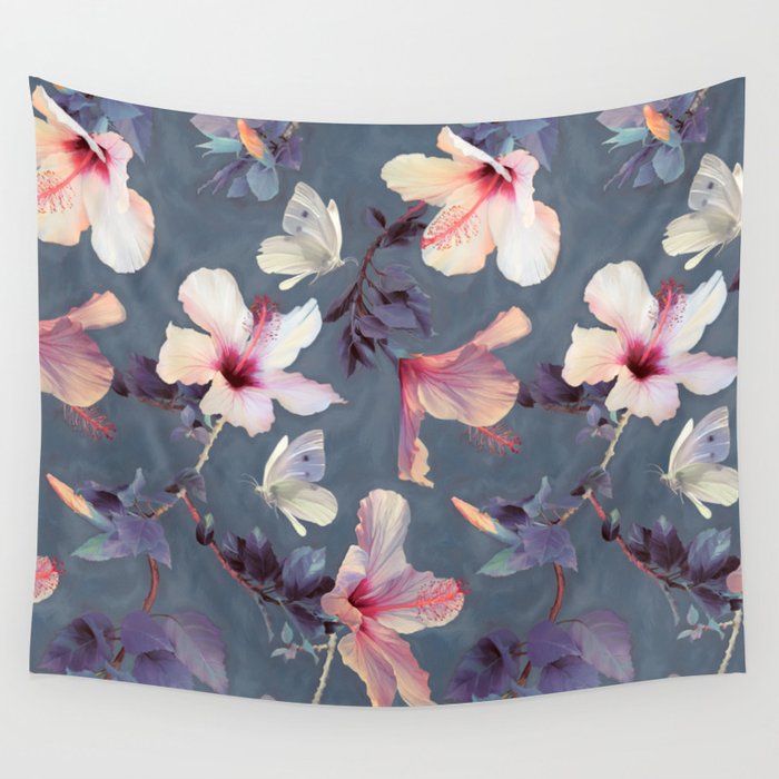 Butterflies and Hibiscus Flowers - a painted pattern Wall Tapestry
