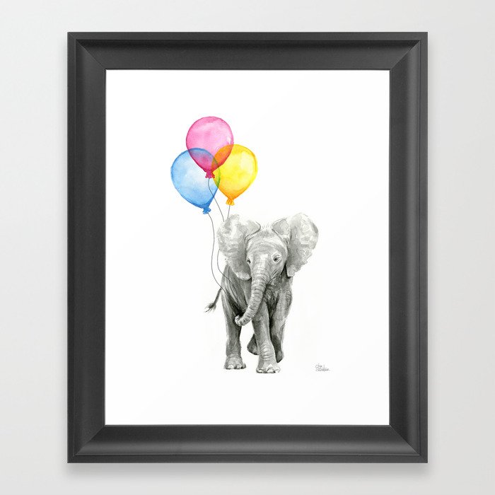 Baby Elephant with Balloons Nursery Animals Prints Whimsical Animal Framed Art Print