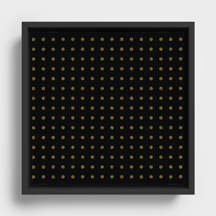 gold glitter polka dots on black pattern Framed Canvas