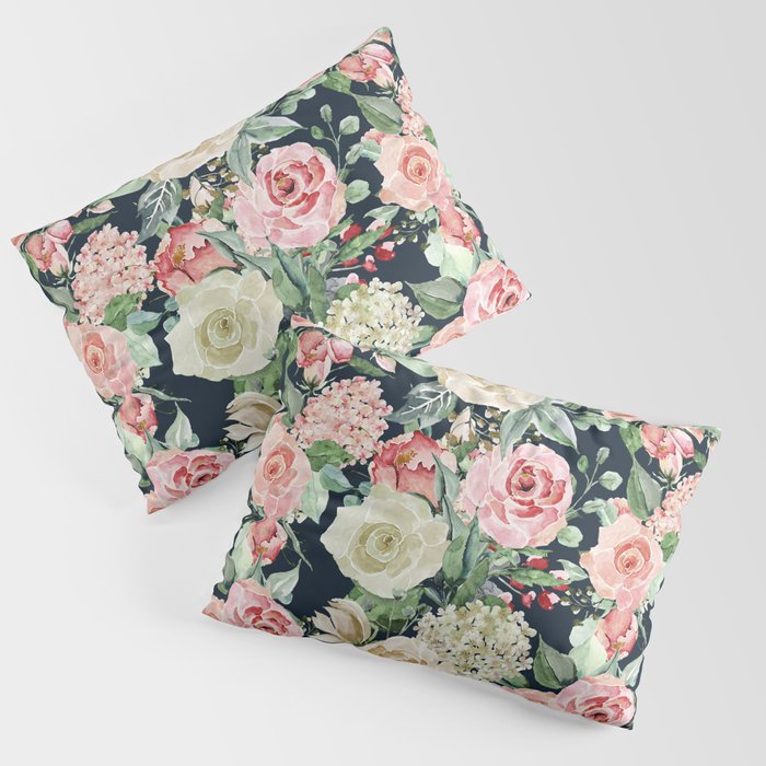Country chic navy blue pink ivory watercolor floral Pillow Sham