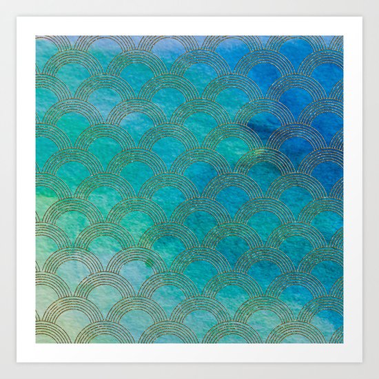 Sea Ocean Waves effect- Gold and Aqua Scales Pattern Art Print
