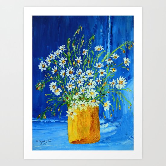 Daisies by the blue wall Art Print