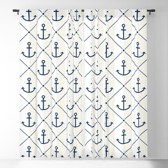 Navy Blue Anchor Pattern on White and Cream Blackout Curtain