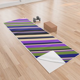 [ Thumbnail: Colorful Black, Beige, Purple, Green, and Blue Colored Pattern of Stripes Yoga Towel ]