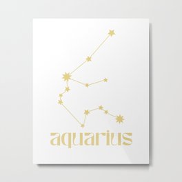 Aquarius Sign Star Constellation Art, Retro Groovy Gold Font, Wall Decor Metal Print