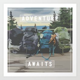 hiker's oasis Art Print | Pop Art, Digital, Hiking, Adventure, Graphicdesign, Backpacks, Vector, Landscape, Oasis, Illustration 