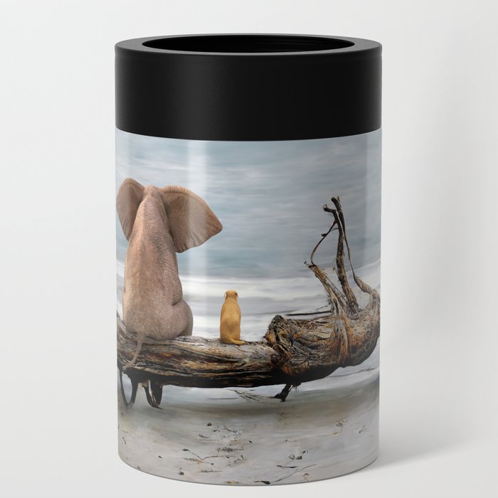 elephant and a dog are sitting on driftwood Can Cooler