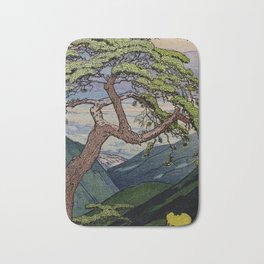 The Downwards Climbing - Summer Tree & Mountain Ukiyoe Nature Landscape in Green Badematte | Green, Retro, Print, Summer, Pink, Oil, Clouds, Illustration, Vintage, Popular 