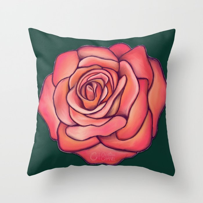 Pink Orange Rose on Dark Green Throw Pillow