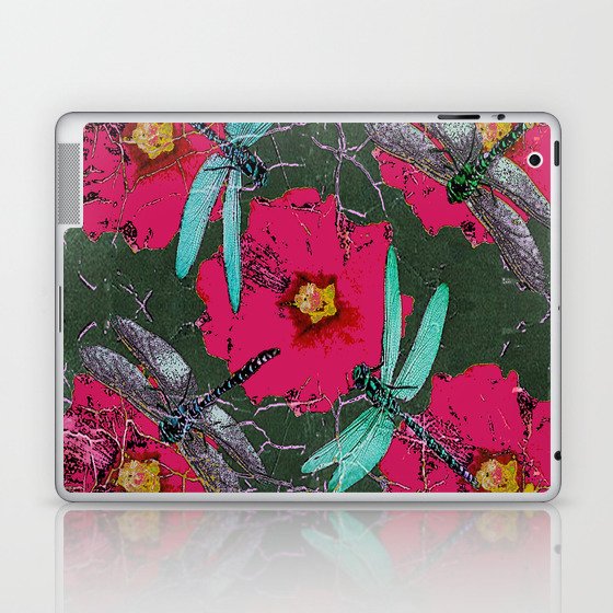 SHABBY CHIC BLUE DRAGONFLIES ON  FUCHSIA HOLLYHOCK FLOWERS Laptop & iPad Skin