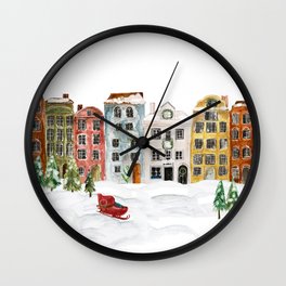 Christmas in the Village Wall Clock | Cityscape, Watercolor, Landscape, Holiday, Villageillustration, Painting, Snow, Pattern, Digital, Snowy 