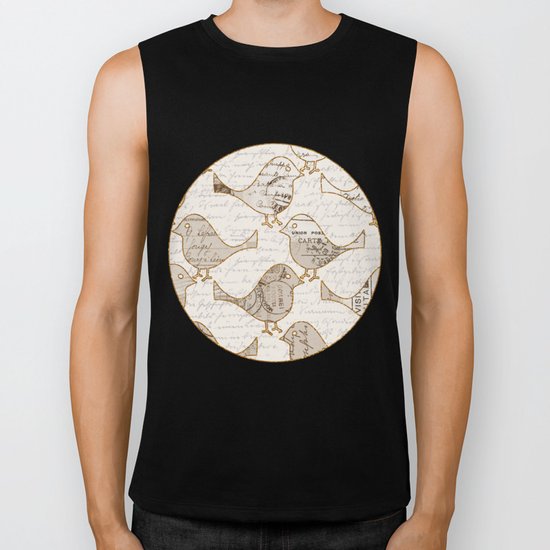 old letter pattern vintage birds art Biker Tank