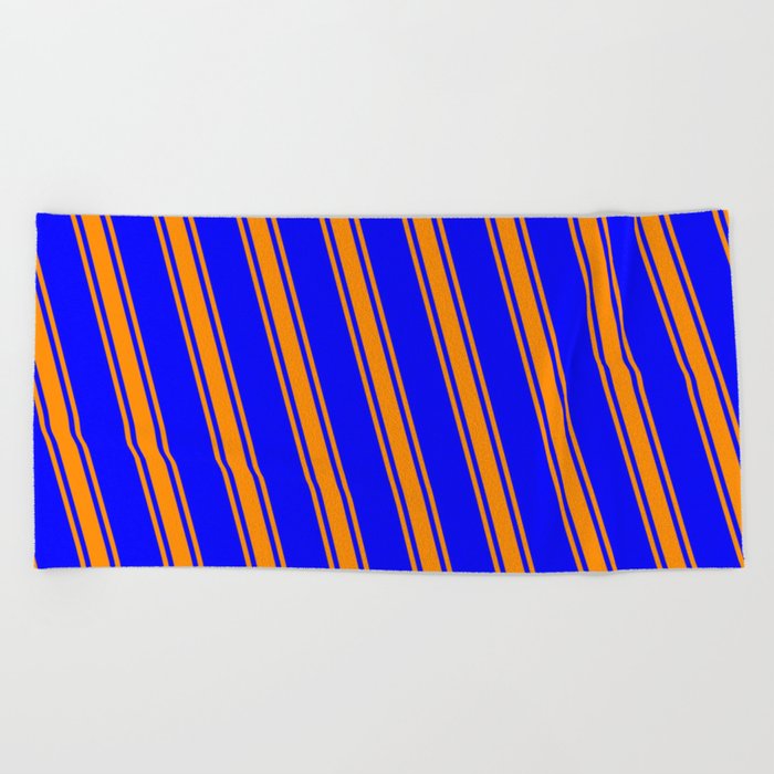 Blue and Dark Orange Colored Lined/Striped Pattern Beach Towel