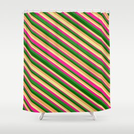 [ Thumbnail: Dark Green, Brown, Tan, Deep Pink, and Forest Green Colored Lines/Stripes Pattern Shower Curtain ]