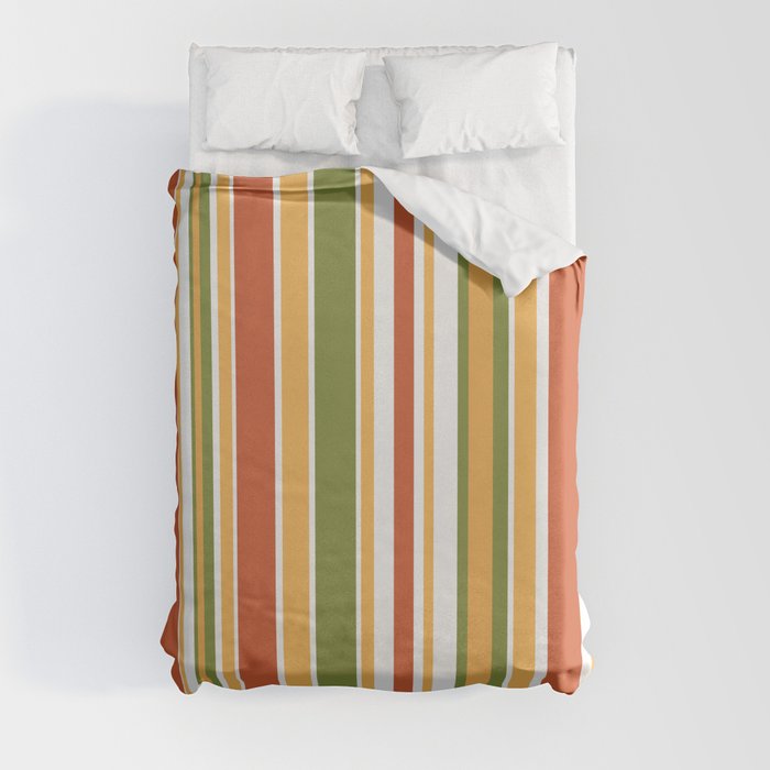 Retro Stripes - Mid Century Modern 50s 60s 70s Pattern in Green, Orange, Yellow, and White Duvet Cover