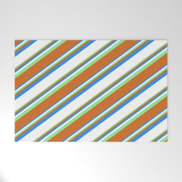 [ Thumbnail: Blue, White, Light Green, and Chocolate Colored Lined Pattern Welcome Mat ]