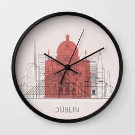 Dublin Landmarks Poster Wall Clock | Cityscape, Ireland, Minimalist, Urban, Graphicdesign, Travel, Skyline, Poster, Colorful, Red 