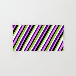 [ Thumbnail: Eye-catching Green, White, Indigo, Violet & Black Colored Lined/Striped Pattern Hand & Bath Towel ]