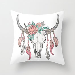 Boho Longhorn Cow Skull with Feathers and Peach Flowers Throw Pillow